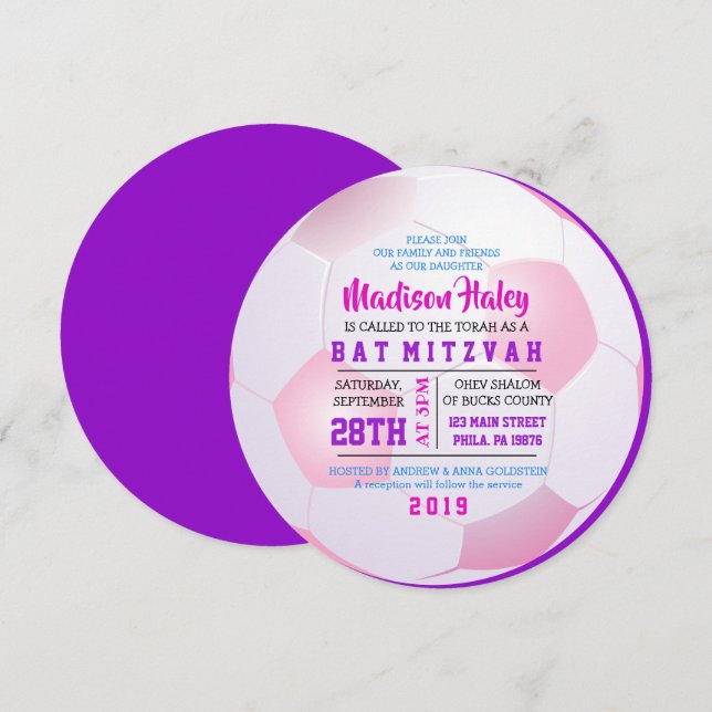 Invitación CHICAS DE LA RONDA DEL FÚTBOL Bat Mitzvah Invitaci (Anverso / Reverso)