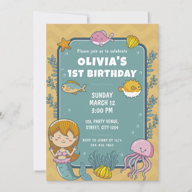 Invitación Chicas de la Sirena Cute Primer Fiesta de Cumpleañ (Anverso)