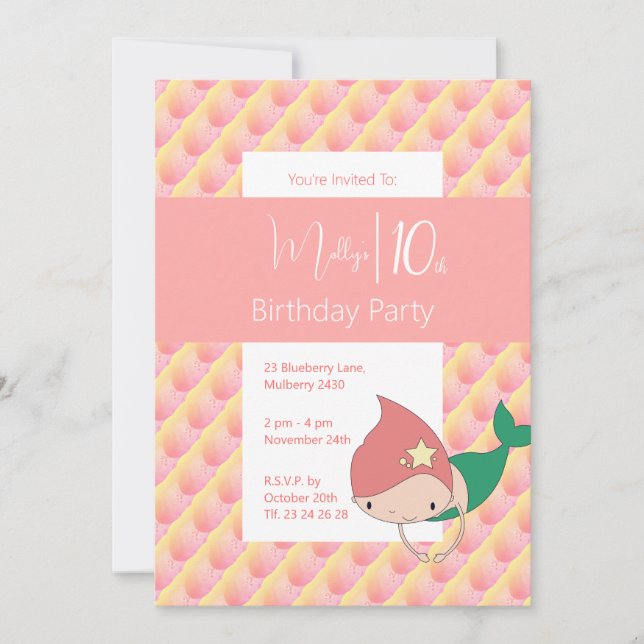 Invitación chicas de la sirena de la ilusión 10 cumpleaños (Anverso)