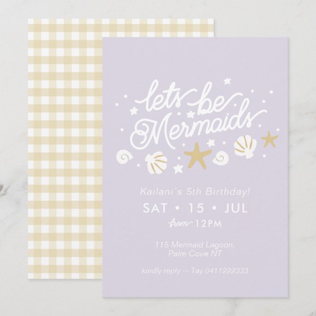 Invitación Chicas de la Sirvienta Fiesta Lilac y Gingham Cump (Anverso / Reverso)