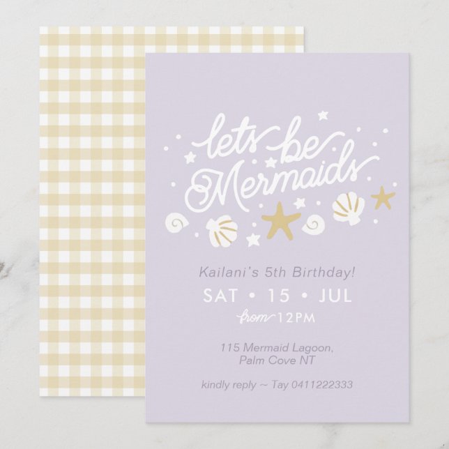 Invitación Chicas de la Sirvienta Fiesta Lilac y Gingham Cump (Anverso / Reverso)