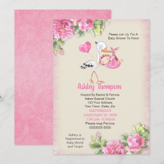 Invitación Chicas de las flores de agua y cigüeña Baby Shower