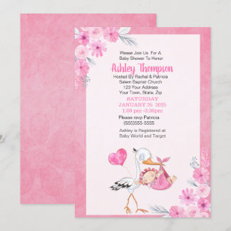 Invitación Chicas de las flores de agua y cigüeña Baby Shower