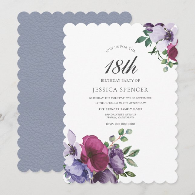 Invitación Chicas de las flores rosadas moradas 18º cumpleaño (Anverso / Reverso)