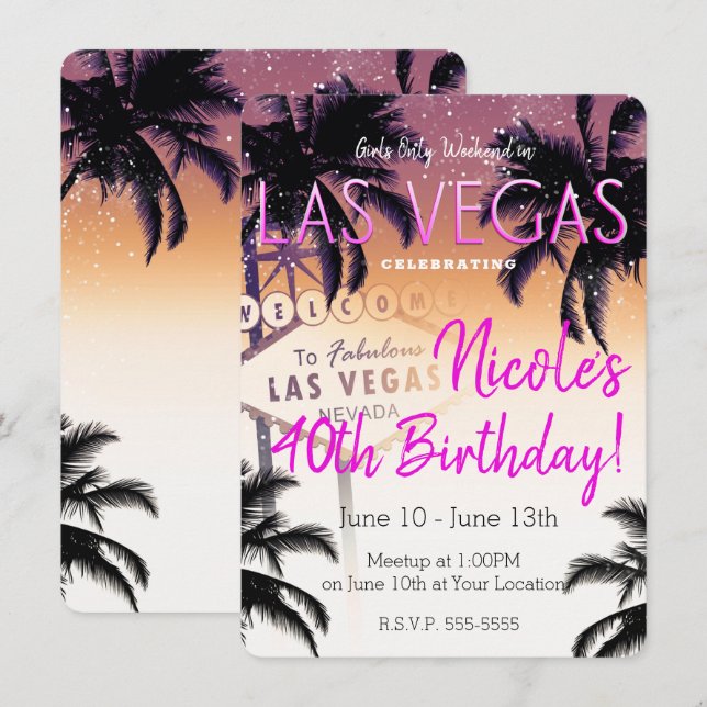 Invitación Chicas de Las Vegas Fin de semana de cumpleaños en (Anverso / Reverso)