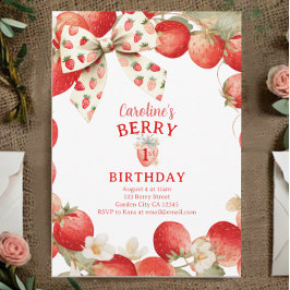 Invitación Chicas de lazo de fresa Cumpleaños de primer año d