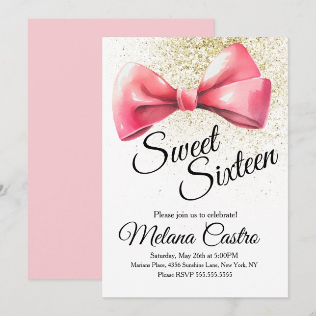 Invitación Chicas de Lazo Rosa Coquette Cumpleaños Dulce 16 (Anverso / Reverso)