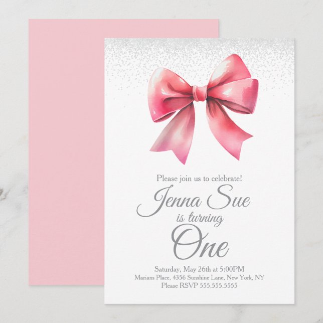 Invitación Chicas de Lazo Rosa Cumpleaños Coquette (Anverso / Reverso)