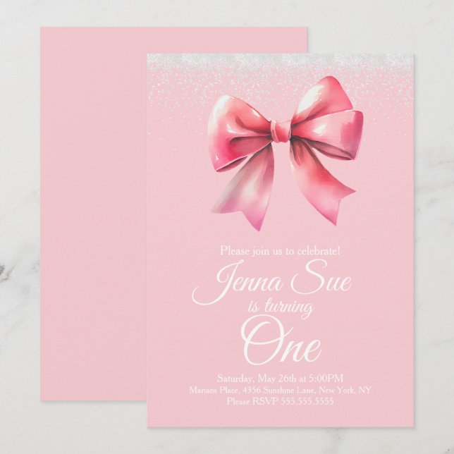 Invitación Chicas de Lazo Rosa Cumpleaños Coquette (Anverso / Reverso)