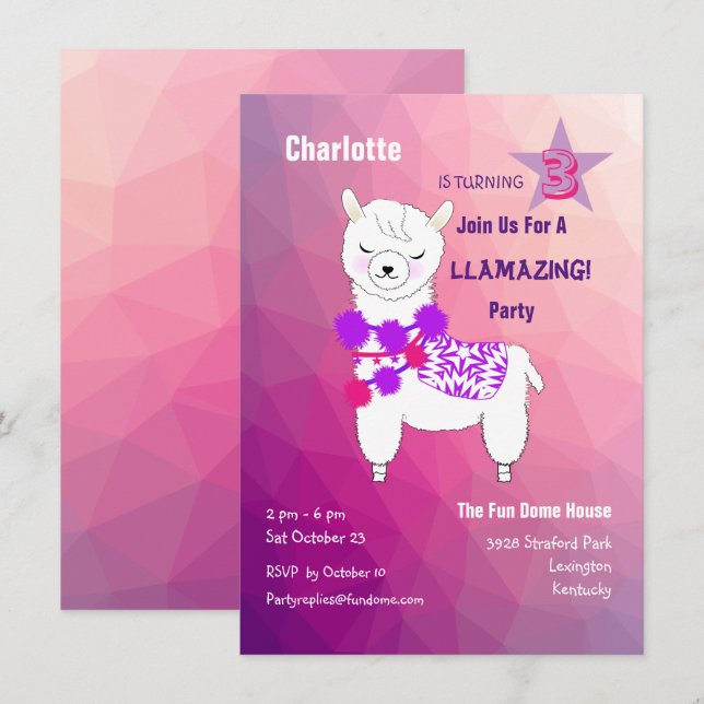 Invitación Chicas de Llama Llamando, Fiesta de cumpleaños abu (Anverso / Reverso)