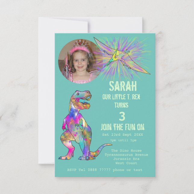 Invitación Chicas de los Fiestas de Dinosaurios 3.ᵉʳ foto de  (Anverso)
