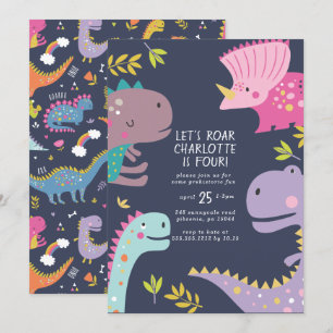 Invitación Chicas de los ruares de los dinosaurios Púrpura de