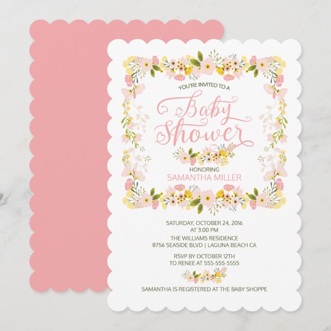 Invitación Chicas de marco de Petty Floral Baby Shower (Anverso / Reverso)