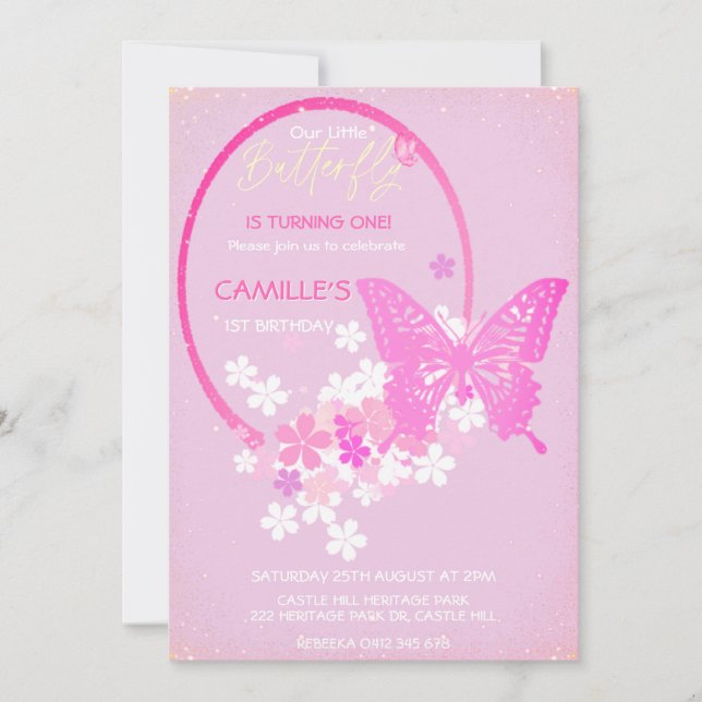 Invitación Chicas de mariposa cúrcuta Cumpleaños Rosa (Anverso)