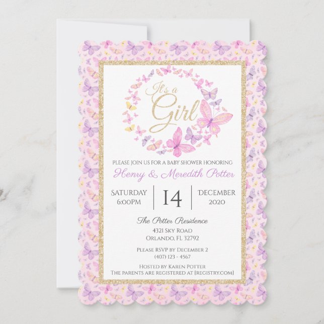 Invitación Chicas de mariposas rosadas y moradas Baby Shower  (Anverso)