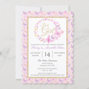 Invitación Chicas de mariposas rosadas y moradas Baby Shower 