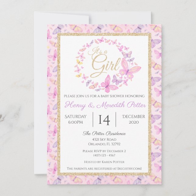 Invitación Chicas de mariposas rosadas y moradas Baby Shower (Anverso)