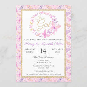 Invitación Chicas de mariposas rosadas y moradas Baby Shower