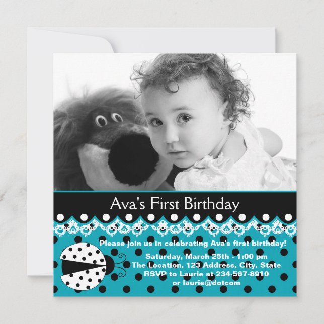Invitación Chicas de mariquita azul turquesa Foto Cumpleaños  (Anverso)