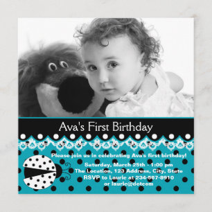 Invitación Chicas de mariquita azul turquesa Foto Cumpleaños 