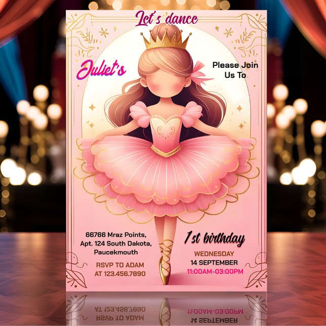 Invitación chicas de moda tutu rosado de ensueño Ballerina 1º (Subido por el creador)