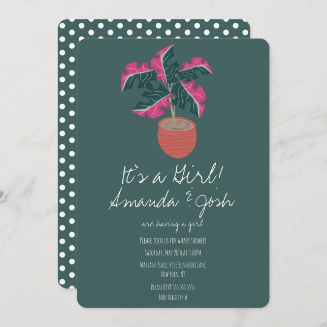 Invitación Chicas de Monstera Tropical Green Dots Baby Shower (Anverso / Reverso)