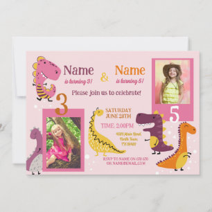 Invitación Chicas De Nacimiento Dino Fiesta Compartido Foto R