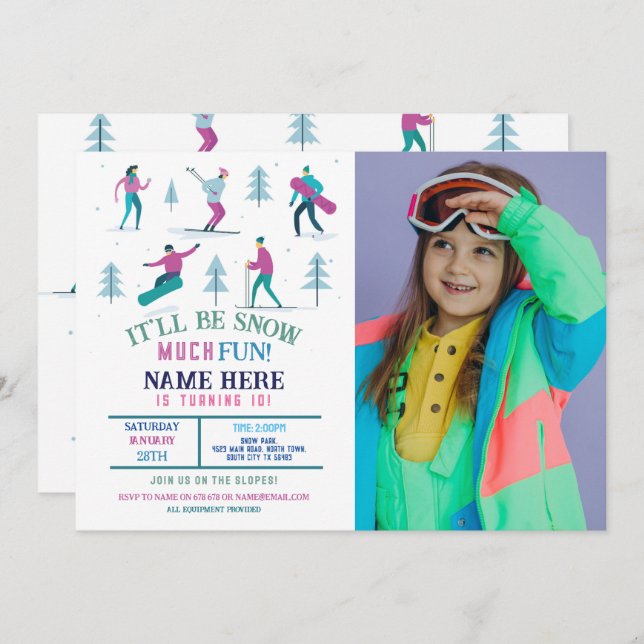 Invitación Chicas de natalidad en invierno Ski Snowboard Phot (Anverso / Reverso)