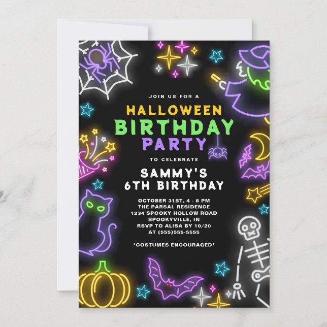 Invitación Chicas de Neon Halloween 6º Fiesta de disfraces de (Anverso)