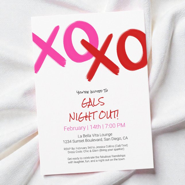 Invitación Chicas De Noche Fuera Fiesta Del Día De La Galenti (Girls Night Out Cute Red XOXO Galentine Day Party Invitation)