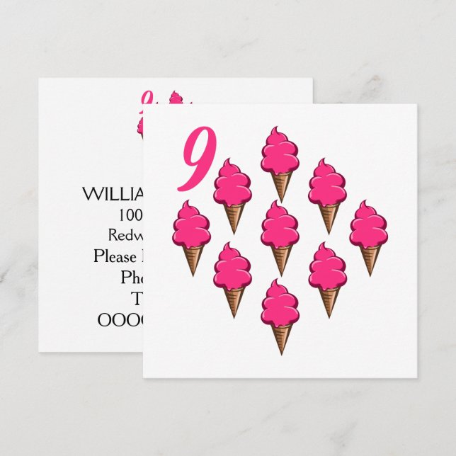 Invitación Chicas de nueve años Birthday Cute Pink Ice Cremas (Anverso / Reverso)