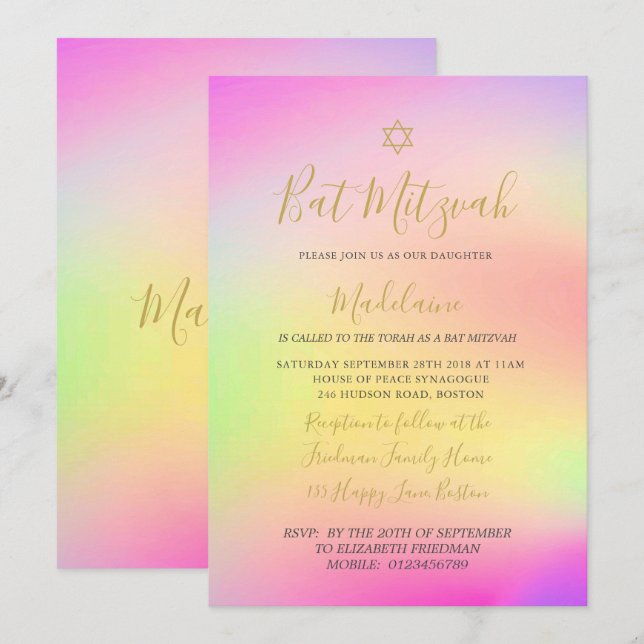 Invitación Chicas de oro del arcoiris judío Bat Mitzvah Hebre (Anverso / Reverso)