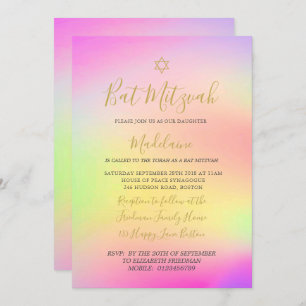 Invitación Chicas de oro del arcoiris judío Bat Mitzvah Hebre
