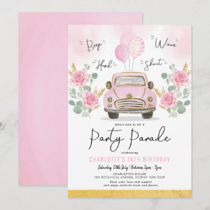 Invitación Chicas De Oro Rosado Conducen Por Desfile De Fiest