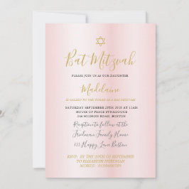 Invitación Chicas de oro rosado judíos de Bat Mitzvah Hebreo