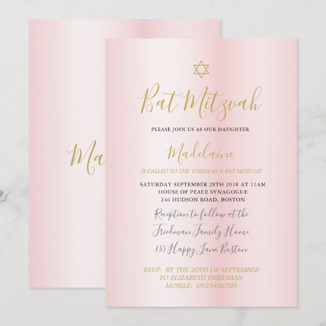 Invitación Chicas de oro rosado judíos de Bat Mitzvah Hebreo (Anverso / Reverso)