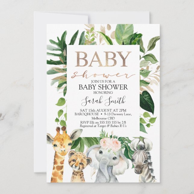 Invitación Chicas De Oro Y Foliage Verdes Safari Baby Shower (Anverso)
