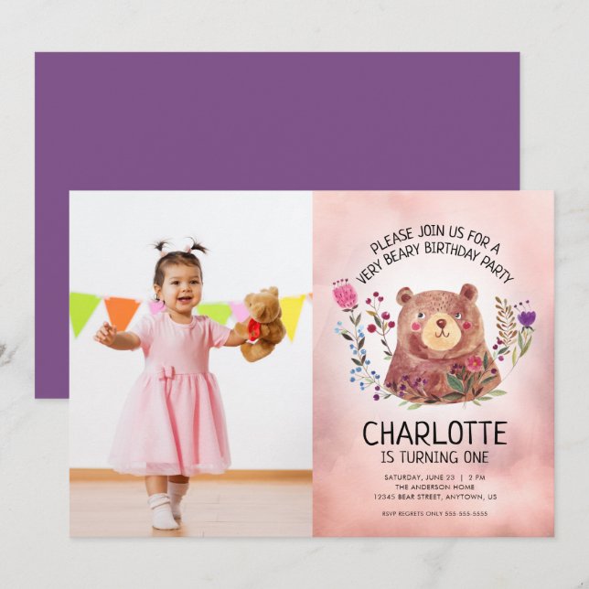 Invitación Chicas de Oso Cuto y Flores Foto Fiesta de cumplea (Anverso / Reverso)