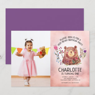 Invitación Chicas de Oso Cuto y Flores Foto Fiesta de cumplea