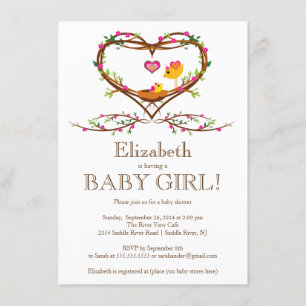 Invitación Chicas de pájaros del corazón moderno Baby Shower