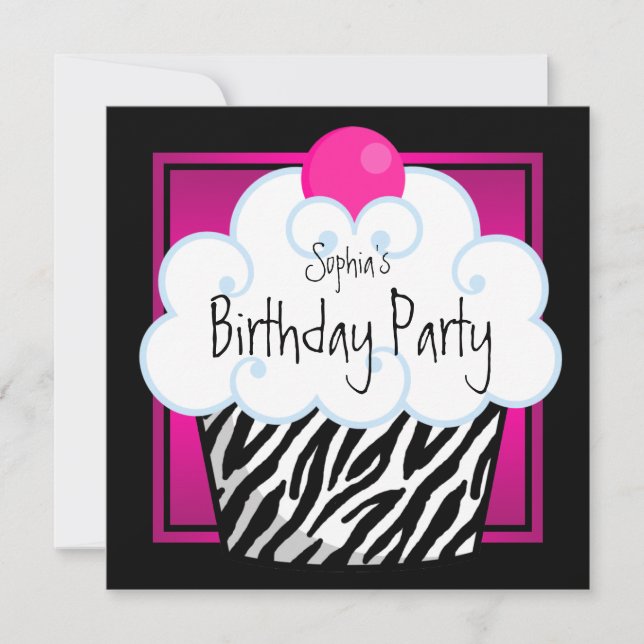Invitación Chicas de Pastel de Cumpleaños de Cebra Rosa Calie (Anverso)