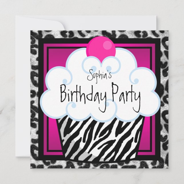 Invitación Chicas de Pastel de Cumpleaños de Cebra Rosa Calie (Anverso)