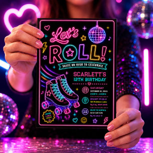 Invitación Chicas de patines de rodillos de brillo de neón Cu
