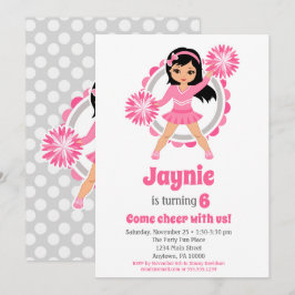 Invitación Chicas de pelo negro animadores rosados celebran c