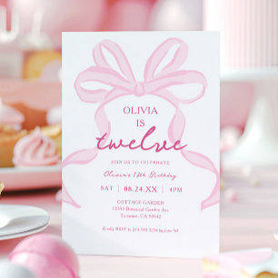Invitación Chicas de Pink Bow Girly Coquette 12th Birthday Pa