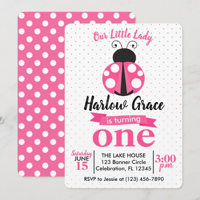 Invitación Chicas de Pink Ladybug Polka Dots Cumpleaños (Anverso / Reverso)