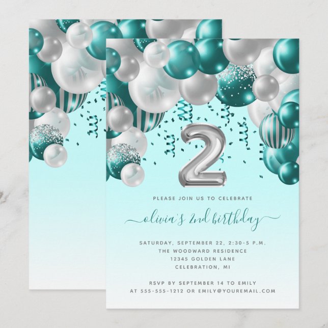 Invitación Chicas de plata Verde azulada de Balloon Arch Fies (Anverso / Reverso)