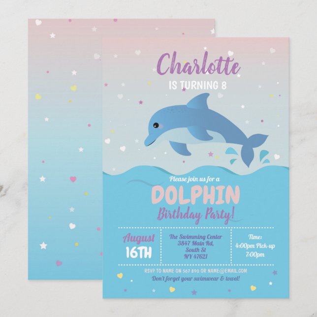 Invitación Chicas de playa Dolphin Birthday Party Ocean (Anverso / Reverso)