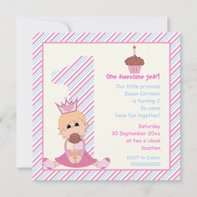 Invitación chicas de princesa de primer cumpleaños azul rosad (Anverso)