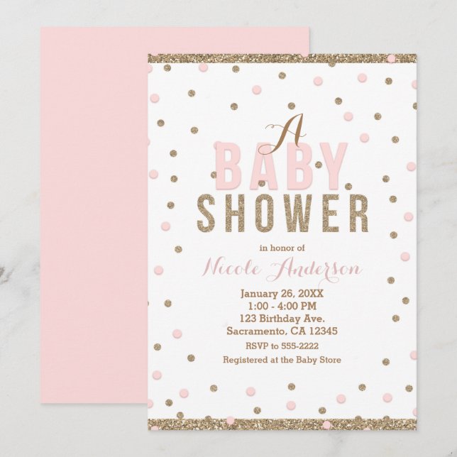 Invitación Chicas de puntos rosados y de oro en Baby Shower (Anverso / Reverso)